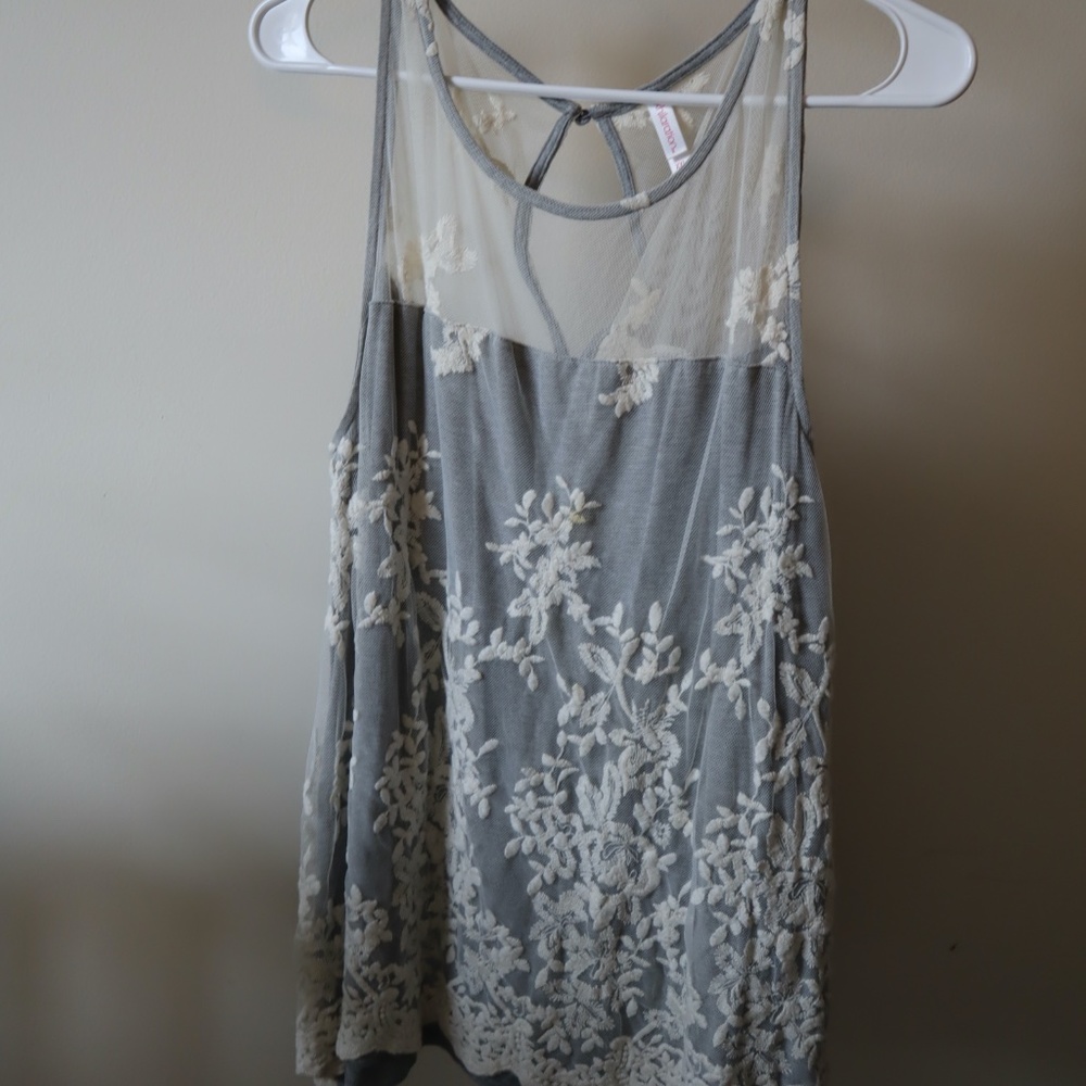 Grey tank with white lace